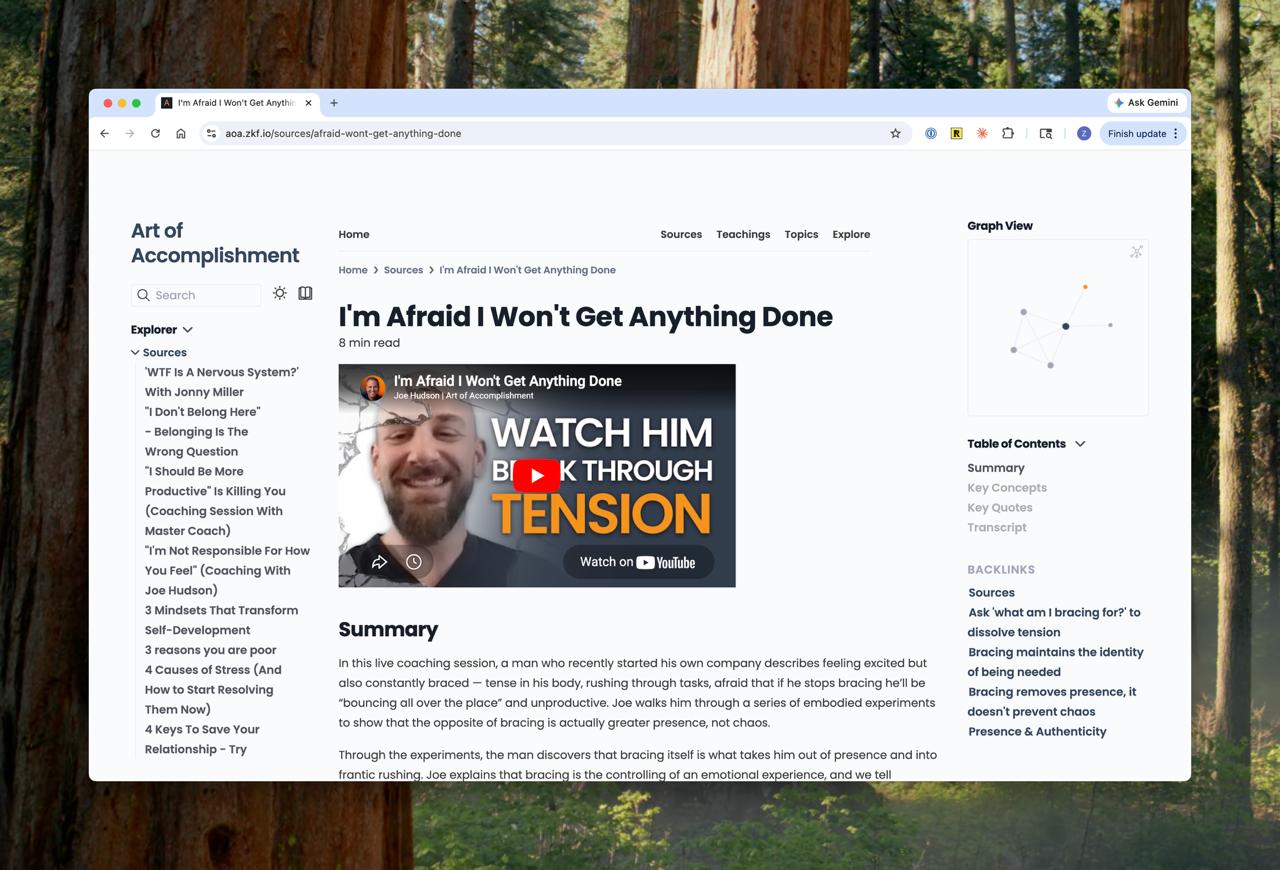 A source note on the Art of Accomplishment knowledge graph, showing the video embed, summary, key concepts, and backlinks.
