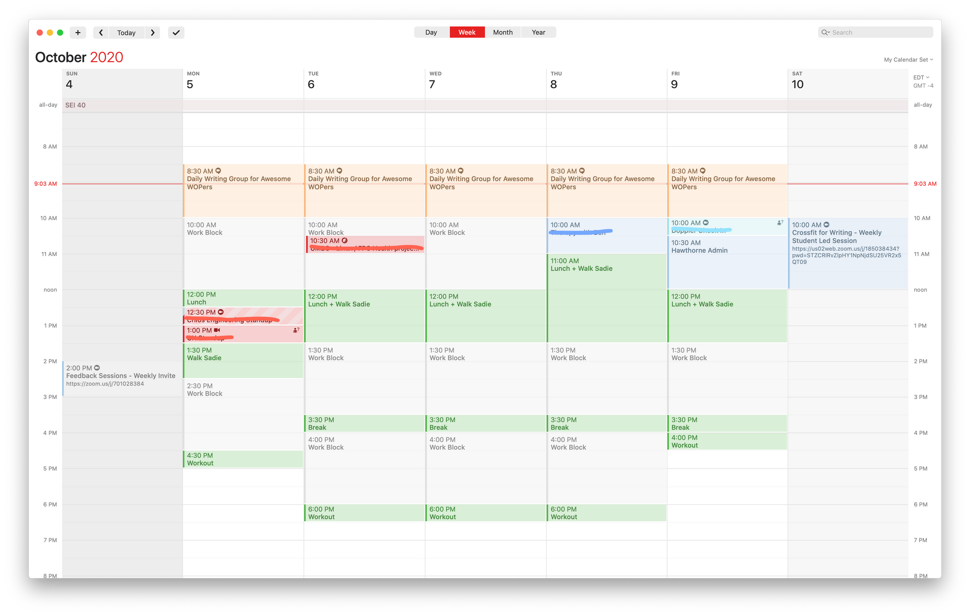 Image of my calendar template for the week